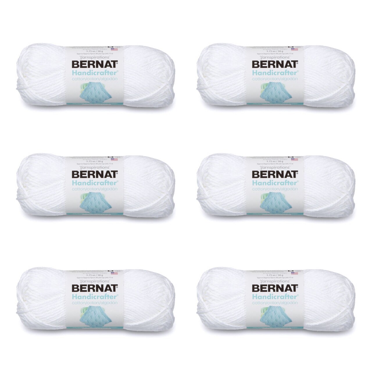 Bernat Handicrafter Cotton White Yarn - 6 Pack of 50g/1.75oz - Cotton - 4 Medium (Worsted) - 80 Yards - Knitting/Crochet
